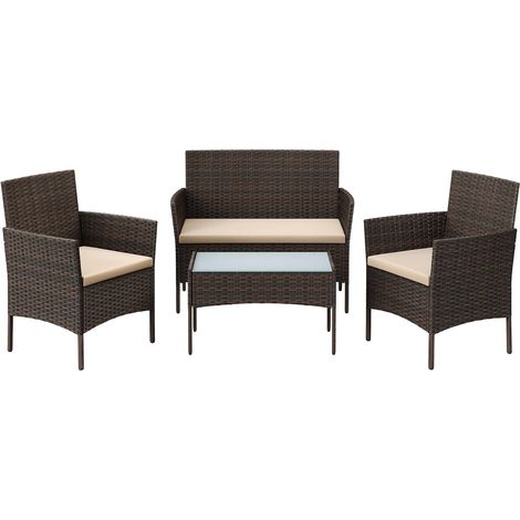 Songmics – Salon de jardin 4 places en acier et polyéthylène tressé – Table 71x41cm avec verre trempé – Coussins amovibles et faciles à nettoyer – Marron taupe (1/5)