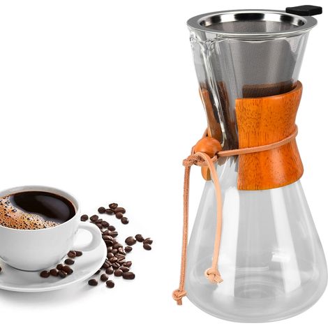 Cafetière à cadre en bambou de 550 ml, cafetière en verre, bouilloire classique résistante à l'eau chaude, machine à café à piston, filtre à café. (1/5)