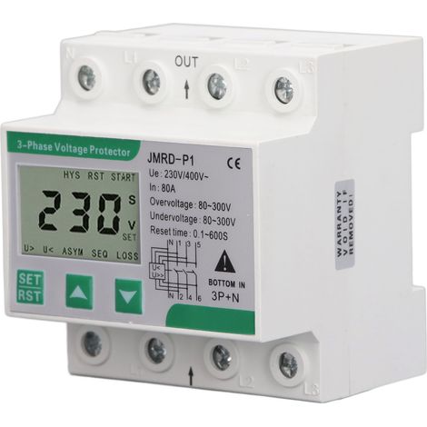 Dispositif de protection contre les surtensions et les sous-tensions, triphasé, 4 fils, à réarmement automatique, montage sur rail DIN, 230 V CA, 400 V, 80 A (1/5)