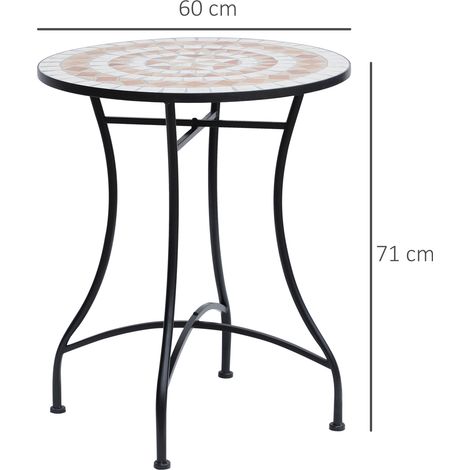 Table de jardin ronde en mosaïque, Ø60 cm, table d'appoint pour balcon ou terrasse, en acier et céramique orange et blanche, hauteur 71 cm.