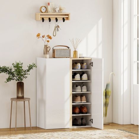 Zapatero de madera blanco de 6 niveles, puertas con cierre suave sin tiradores, baldas regulables, hasta 18 pares (1/5)