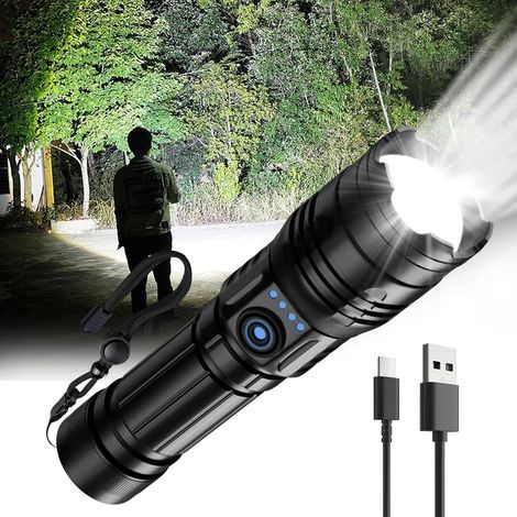 Rechargeable LED handheld torch, USB handheld torch with zoom, emergency torch with 3 lighting modes, camping torch with a 70M range