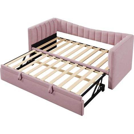 Cama de día capitoné con cama nido 90 x 200 cm (180 x 200 cm) terciopelo rosa HOMVRA (1/5)
