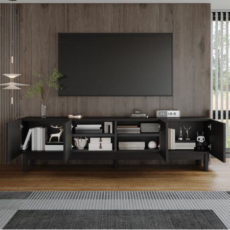 Mueble TV de 4 puertas con estantes, 169 x 34 x 45,5 cm, negro, patas estabilizadoras OKMYHOME (1/5)