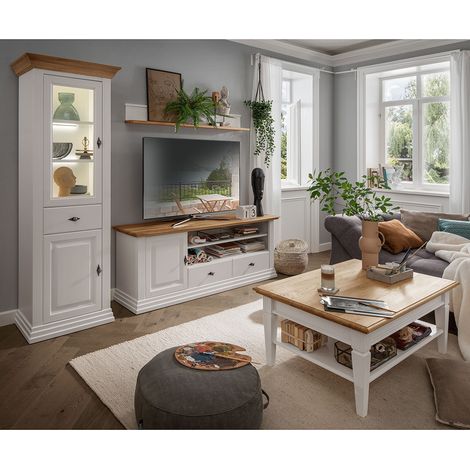 Wohnmöbel Set weiß ESBJERG-69 Landhausstil in Kiefer weiß lackiert mit Eiche massiv 4-teilig (1/5)