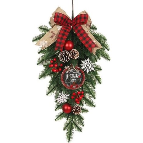 MARSEE Noël Pendentif Décorat Couronne de Noël Artificiel Branches de Houx, Livré avec noeud, pommes de pin et médaillon. (1/4)