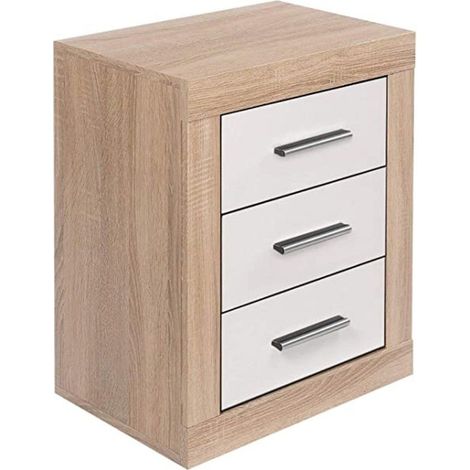 Home Heavenly® - Mesita de noche 3 cajones JANA. 60x50x34,6 cm. Mesita dormitorio o juvenil de diseño enmarcado moderno. Color: Roble Cambria - Blanco (1/4)