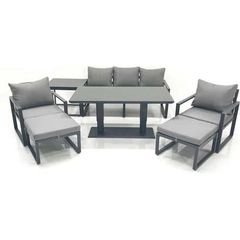 Fimous Outdoor Aluminium Garden Furniture Set with Adjustable Rising Lifting Dining Table 3 Seater Sofa 2 Chair 2 Big Footstools Side Table Dark Grey (1/5)
