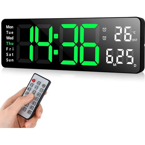 (13 pouces, vert) Horloge murale numérique à LED avec télécommande, compte à rebours, luminosité réglable, adaptée au salon, à la cuisine, au bureau et à la salle de sport (1/5)