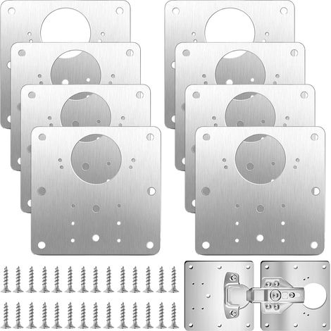 Kit Réparation Charnière Porte 8 Pièces 9x9 cm Acier Inoxydable Platine pour Charnière Meuble, 64 Vis Incluses, Pour Armoires, Meubles, Fenêtres, Boîte (1/5)