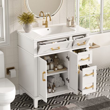 Mueble de baño con lavabo de cerámica, 76 x 46,5 x 86 cm, MDF y metal, blanco HAVRYA (1/5)