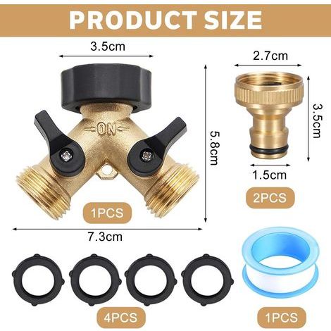 Répartiteur en Y à 2 voies 3/4" avec valve à bille d'arrêt – Comprend 2 adaptateurs de tuyau, 4 joints en caoutchouc et ruban d'étanchéité PTFE, idéal pour la maison et le jardin (1/4)