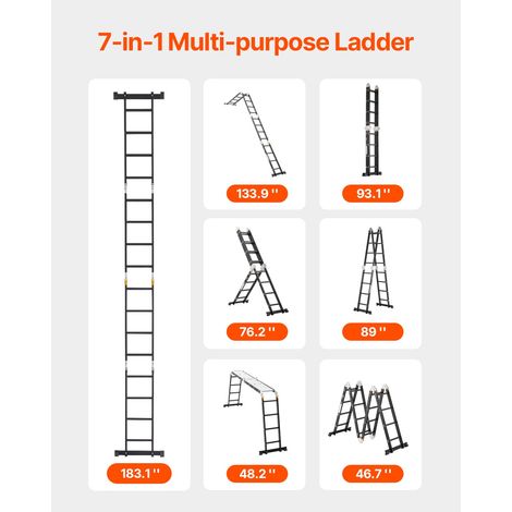 Échelle Pliante Polyvalente 7 en 1 Escabeau Télescopique Réglable avec Planche Échafaudage, Barre Équilibre, Hauteur de Portée 4,65… (1/5)