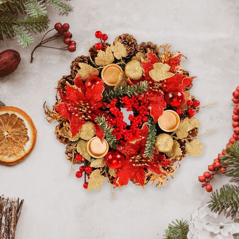 Bougeoirs Simulation Décoration, Couronne de Noël, pommes de pin, baies rouges et boules de Noël (1/5)