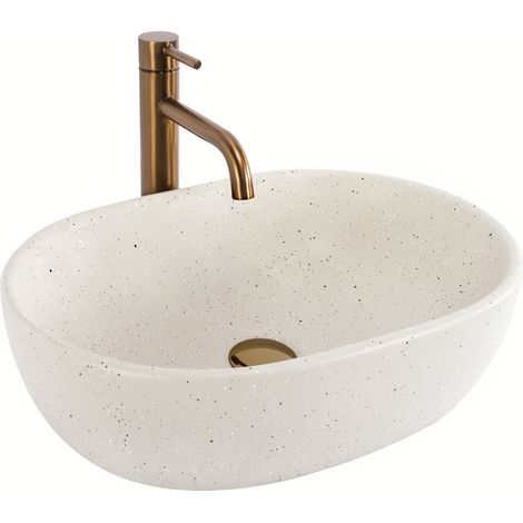 REA – Vasque à poser ovale 480x345mm – Céramique sanitaire imitation pierre – Montage sur plan – Trou de robinet 0