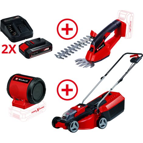 Einhell Akku-Rasenmäher + Akku-Gras- und Strauchschere + 2x 2,5 Ah Starter-Kit + Akku-Lautsprecher