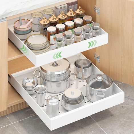 Tiroirs Coulissants Rangement Cuisine，Tiroir Coulissant Placard，Lot de 2 Tiroirs Extensibles Télescopiques pour Armoires de Cuisine，étagères Coulissantes, Largeur Réglable de 32-53 CM (1/5)