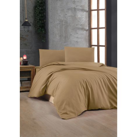 Parure de lit - 1 housse de couette 220 x 240 cm + 2 taies d'oreiller 60 x 60 cm - 100 % coton renforcé - Marron (1/3)