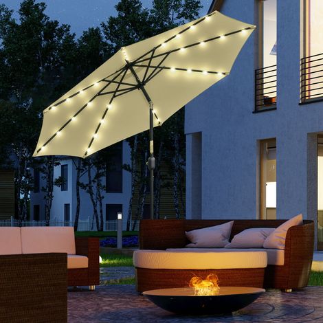 Parapluie extérieur terrasse Ø265cm jardin 32 lumières solaires LED poteau acier inclinable manivelle terrasse, beige