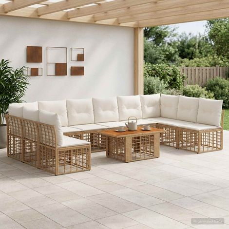 vidaXL Set Divano da Giardino 11 pz Naturale e Bianco Crema polyrattan (1/5)