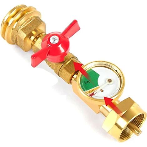 Adaptateur pour bouteille de propane de 1 lb avec vanne marche/arrêt et manomètre, adaptateur pour bouteille de propane de 20 lb à 1 lb (pour bouteille de 1 lb/16,4 pi³). (1/5)