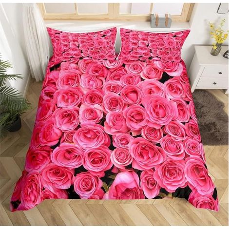 Rose Parure de Lit 240x260cm Rose Rose Floral Imprimé Ensembles de Housse de Couette pour Enfants Motif Fleur Housse de Couette (1/4)