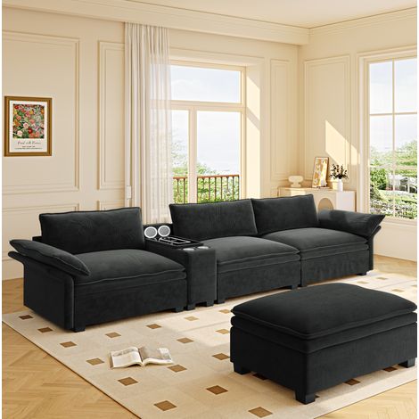 Divano angolare modulare 315 cm in ciniglia nera con ottomano, ricarica, luce e altoparlanti (1/5)