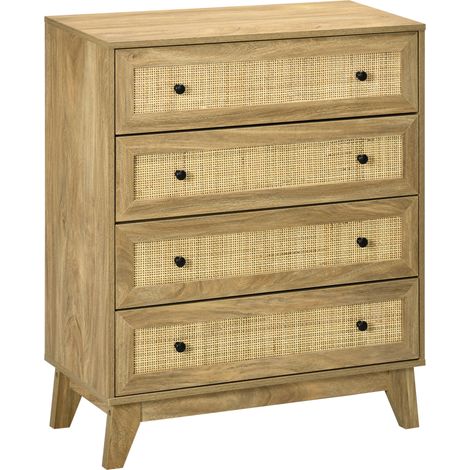 Comodo comò in legno Irovami con 4 cassetti e frontali in rattan, stile canna, per camera da letto, 80 x 35 x 95 cm, colore naturale.