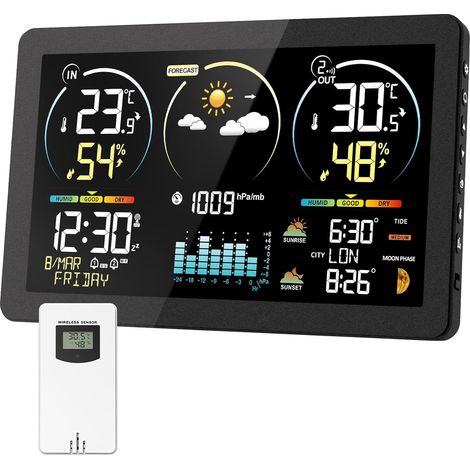 Wetterstation Funk mit Außensensor, Digital Farbdisplay DCF Funkuhr Innen und Außen Thermometer Hygrometer, Funkwetterstation mit Wettervorhersage, Temperaturwarnung, Barometer und Mondphase (Schwarz) (1/5)