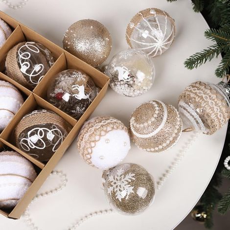 Set di 9 palline di Natale in vetro, 8 cm di diametro, con dettagli in oro lucido e motivo a filigrana, 3 design unici per un'atmosfera natalizia festosa (1/2)