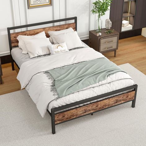 Metallbett 207x140x88 cm mit Lattenrost und Stauraum, Kopf und Fußteil aus MDF und Metall, antikbraun (1/5)