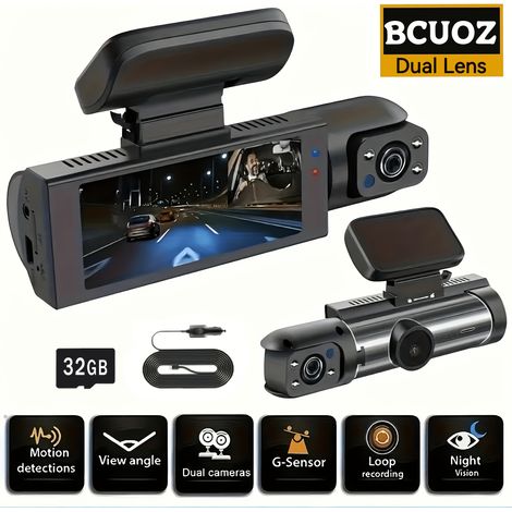 Caméra Dashcam Double 1080P – Vision Nocturne IR, Écran IPS 8cm. Enregistrement Boucle. Modèle (Avec Carte SD 32Go). (1/5)