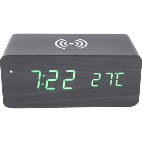 Réveil en bois multifonction avec chargeur sans fil pour téléphone portable et commande vocale. Lumière verte. (1/5)