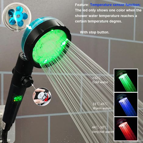 Pommeau de douche LED haute pression avec bouton d'arrêt et écran numérique (noir) - Douchette à main avec capteur de température (1/5)