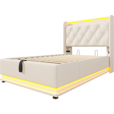 Letto singolo imbottito 90x200 cm con LED 360°, contenitore idraulico e materasso, PU bianco (1/5)