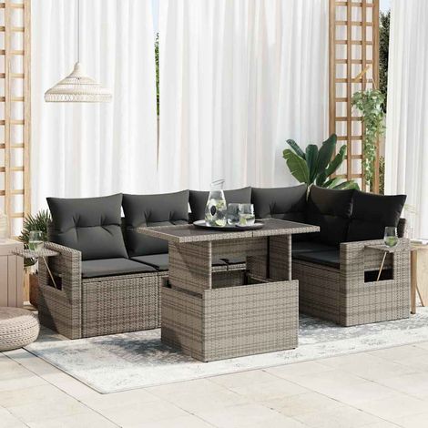 Salon de jardin 6 pièces en résine tressée gris avec coussins et table relevable, 63.8kg - PANGIVO (1/5)