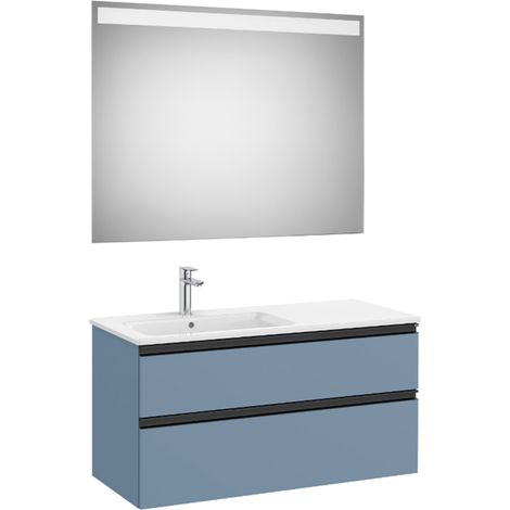 Pack meuble "The Gap" 1000 - 2 tiroirs + lavabo slim gauche + miroir LED - bleu mat/ poignées noires - Roca (1/2)