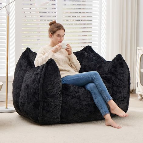 Fauteuil poire 123x97x73 cm noir avec coussin, tissu peluche, sans montage MEUBLIV (1/5)