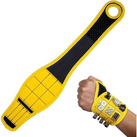 Bracelet porte-outils magnétique jaune, support vis clous outils bricolage, accessoire poignet réglable pour chantier et réparation (1/5)