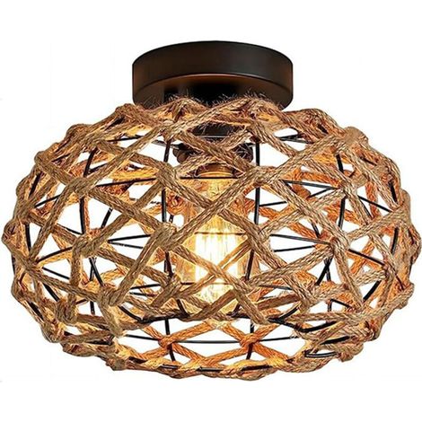 Plafonnier vintage rotin et métal, Suspension bohème avec abat-jour en osier tressé – Douille E27 – Style industriel rustique pour salon, chambre, couloir – Luminaire de plafond décoratif – Sans ampou (1/5)