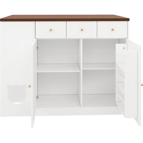 Îlot de cuisine, chariot de cuisine et buffet avec tiroirs – avec plan de travail extensible, étagère à épices, zone de repas pour animaux (sans gamelle pour chat), blanc + couleur noyer, 120×(40+30)× (1/5)