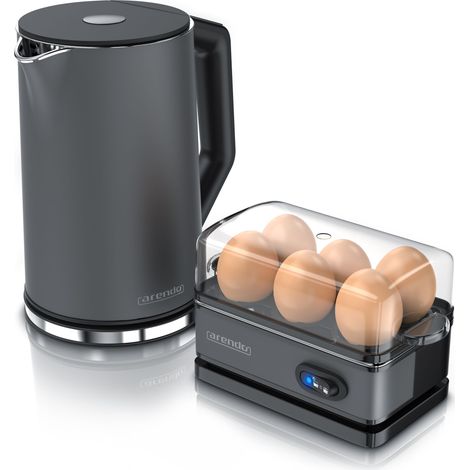 Arendo Frühstücksset, 6er Eierkocher SIXCOOK, 1,5L Edelstahl Wasserkocher, Grau