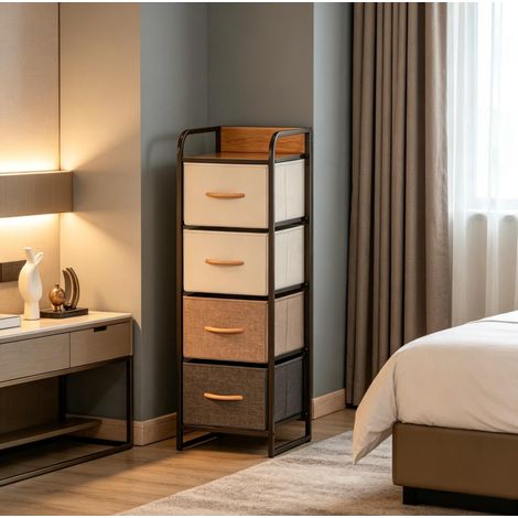 Commode étroite 31x29x99 cm en MDF et acier beige, 4 tiroirs, gain de place – MEUBLIV (1/5)