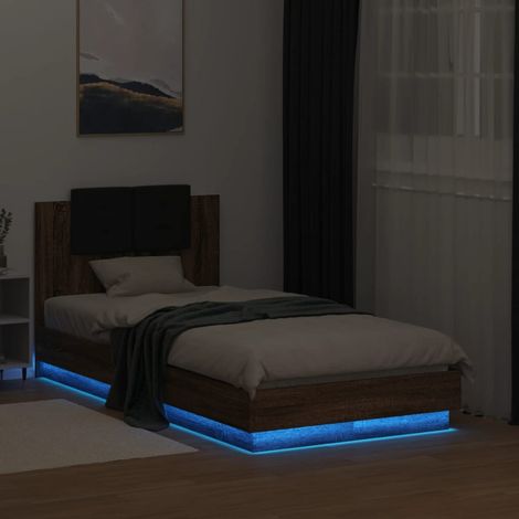 Bettgestell mit Kopfteil und LED-Leuchten Braun Eiche 75x190 cm (1/5)