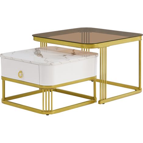 Set di 2 tavolini da salotto impilabili in MDF bianco e oro con cassetti (1/5)
