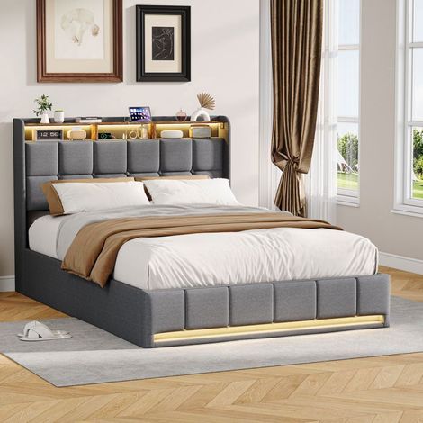 Lit coffre 140x200 - Sommier à lattes relevable - Revêtement lin gris - Coffre à vérins gaz - LED & USB (1/5)