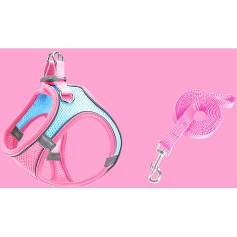 Laisse pour animaux de compagnie de type gilet, harnais pour chien chat, chaîne de marche pour chien réfléchissante et respirante，(S,Patchwork bleu et rose) (1/5)