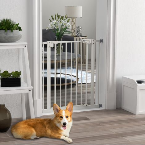 Barrière de sécurité pour chien 68x77 cm en métal blanc, sans perçage, pour escalier – MEUBLIV (1/5)