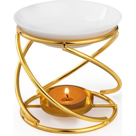 Brûleur à Huile Essentielle en Céramique en Métal Or, Brule Parfum avec Bol en Céramique, Bruleur Fondant pour Porte Bougie Décoratif à la Maison