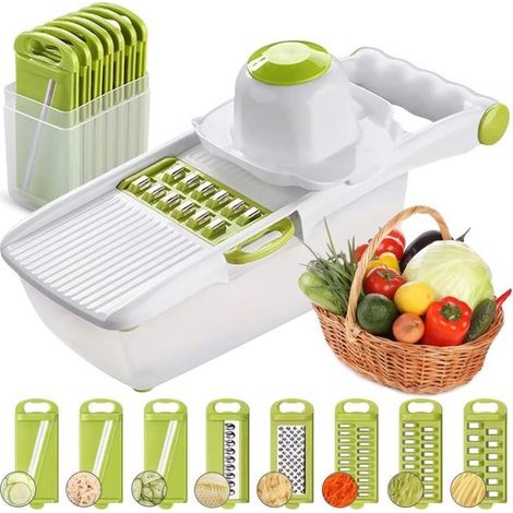 Cortador de verduras multifuncional todo en uno, Acero inoxidable intercambiable, Cortador en juliana, Rallador, tomates, cebollas y frutas (1/5)